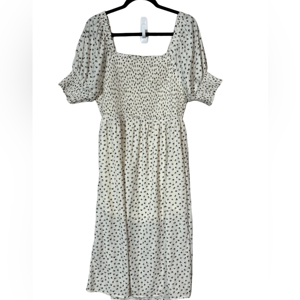 Very J Smocked bodice & sleeve long dress, Size Large, Ivory, Polka Dots